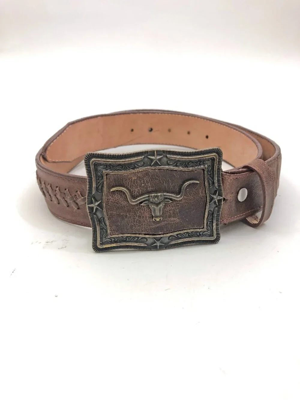 Western leather Belt Size 36 Brown w/Longhorn Buckle & Braided Accent Belt